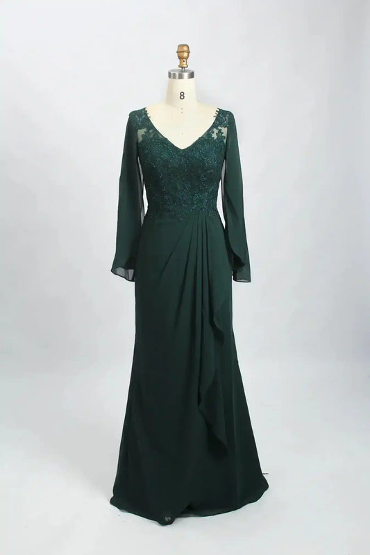 V Neck Long Sleeves Lace Chiffon Dark Green Mother of the Bride Dress with Beaded