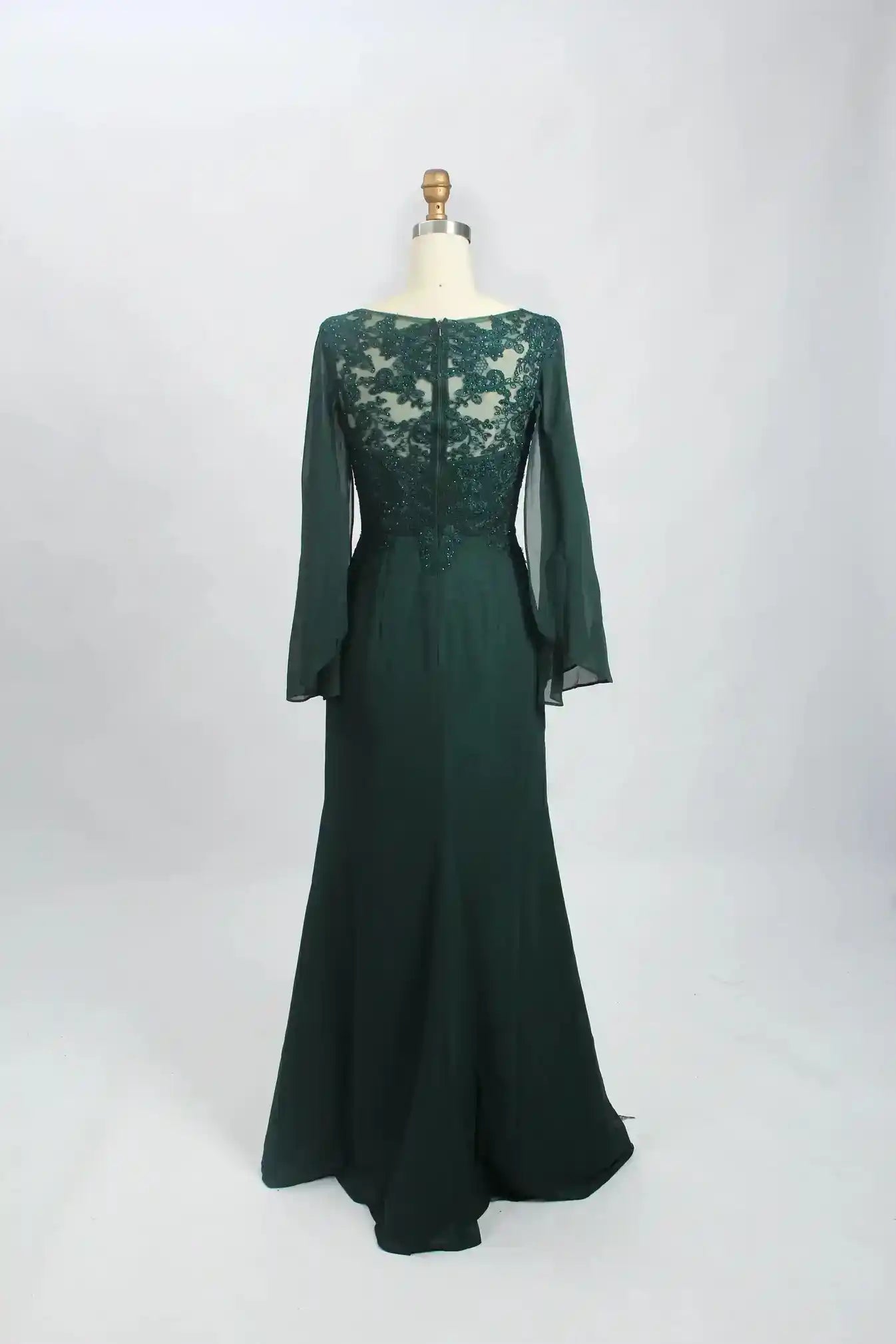 V Neck Long Sleeves Lace Chiffon Dark Green Mother of the Bride Dress with Beaded