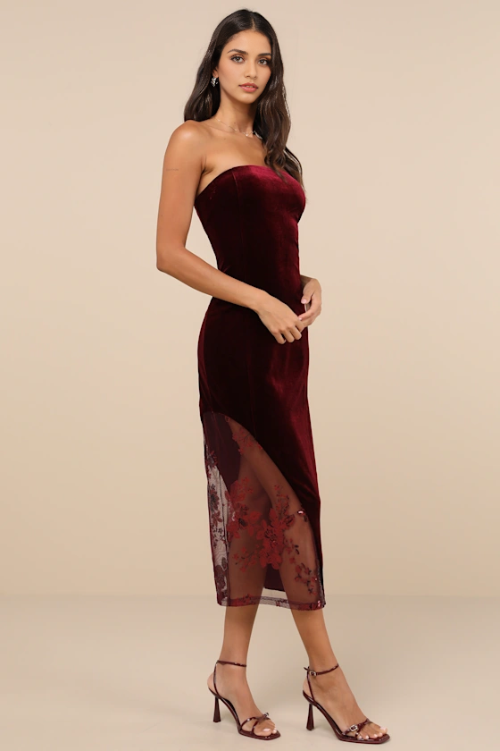 Quyihu Prom Dress In Store So Luxe Burgundy Velvet Mesh Sequin Strapless Midi Dress Formal Women's Dresses