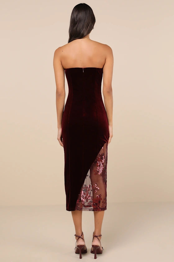 Quyihu Prom Dress In Store So Luxe Burgundy Velvet Mesh Sequin Strapless Midi Dress Formal Women's Dresses