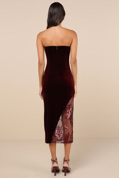 Quyihu Prom Dress In Store So Luxe Burgundy Velvet Mesh Sequin Strapless Midi Dress Formal Women's Dresses