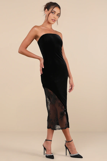 Quyihu Prom Dress In Store So Luxe Burgundy Velvet Mesh Sequin Strapless Midi Dress Formal Women's Dresses