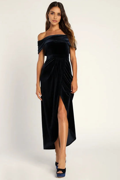 Quyihu Prom Dress In Store Enchanted Navy Blue Velvet Off-the-Shoulder Maxi Dress Formal Women's Dresses