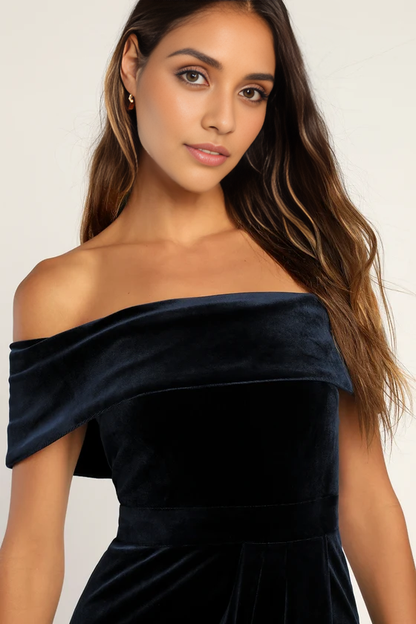 Quyihu Prom Dress In Store Enchanted Navy Blue Velvet Off-the-Shoulder Maxi Dress Formal Women's Dresses