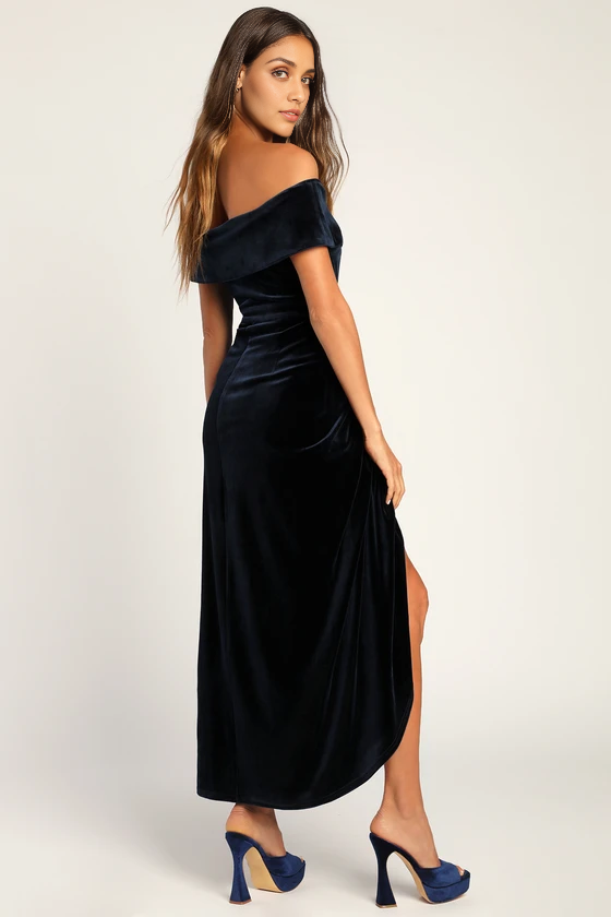 Quyihu Prom Dress In Store Enchanted Navy Blue Velvet Off-the-Shoulder Maxi Dress Formal Women's Dresses
