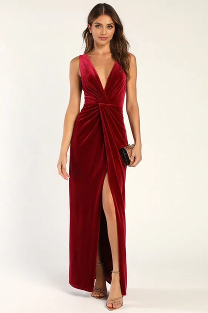 Quyihu Prom Dress In Store Beautiful Evenings Magenta Velvet Twist-Front Maxi Dress Formal Women's Dresses