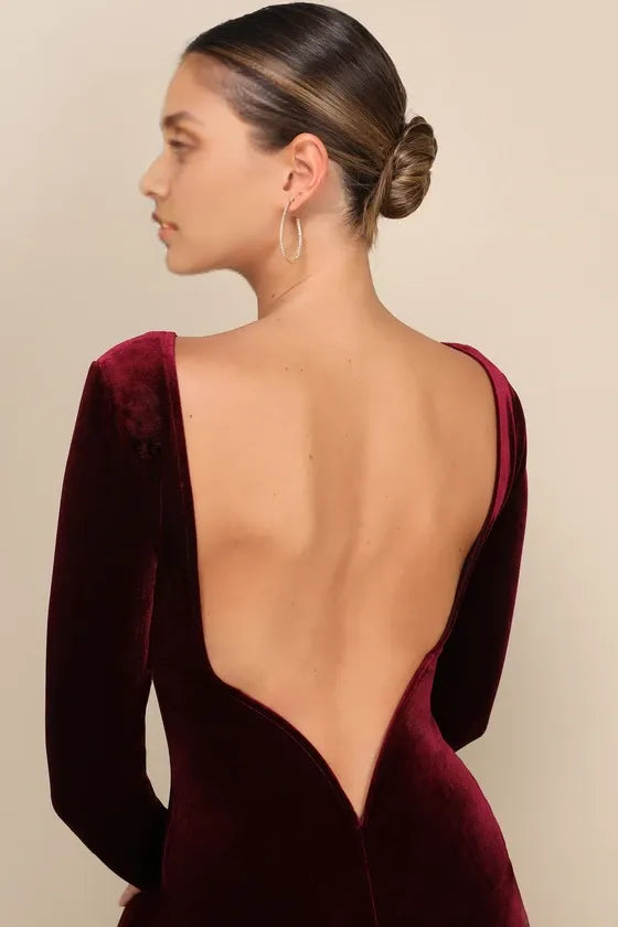 Quyihu Prom Dress In Store Round Neck Burgundy Velvet Backless Long Sleeve Midi Dress Formal Women's Dresses ﻿