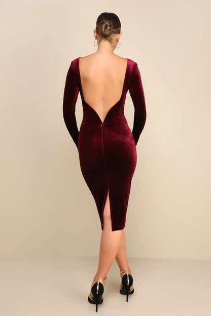 Quyihu Prom Dress In Store Round Neck Burgundy Velvet Backless Long Sleeve Midi Dress Formal Women's Dresses ﻿