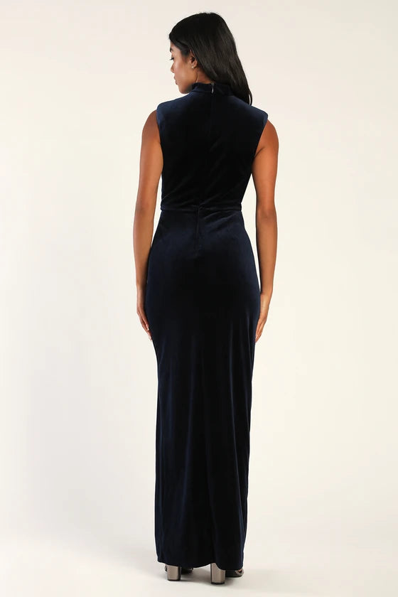 Quyihu Prom Dress In Store Alluring Emerald Ruched Velvet Mock Neck Maxi Dress Formal Women's Dresses