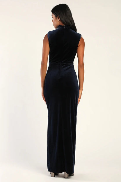 Quyihu Prom Dress In Store Alluring Emerald Ruched Velvet Mock Neck Maxi Dress Formal Women's Dresses