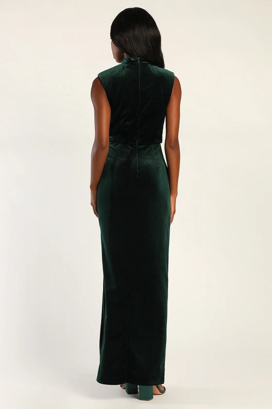 Quyihu Prom Dress In Store Alluring Emerald Ruched Velvet Mock Neck Maxi Dress Formal Women's Dresses