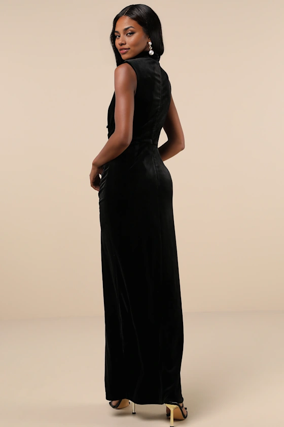 Quyihu Prom Dress In Store Alluring Emerald Ruched Velvet Mock Neck Maxi Dress Formal Women's Dresses