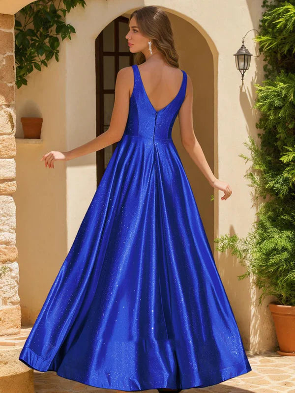 Vibrant A-Line Deep-V-Neck Sleeveless-Zip-Back Royal Blue Glitter Satin Floor-Length Prom Dresses