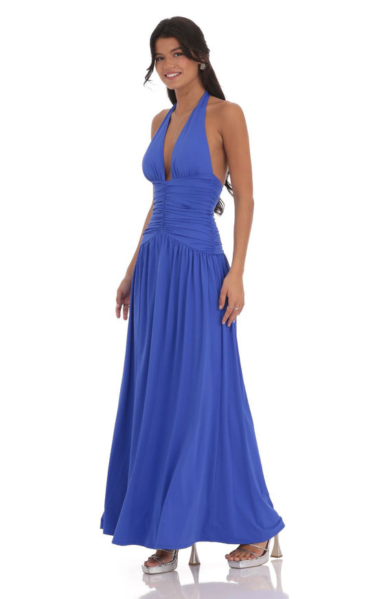 Vibrant A-Line Halter-Neck Tie-Back Royal Blue Ruched-Fabric Floor-Length Prom Dresses