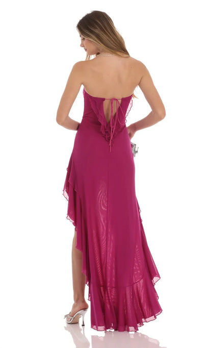 Vibrant A-Line Strapless Ruffled Tie-Back High-Low Prom Dresses