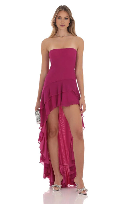 Vibrant A-Line Strapless Ruffled Tie-Back High-Low Prom Dresses