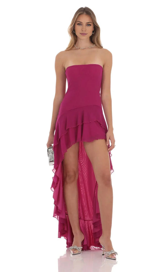Vibrant A-Line Strapless Ruffled Tie-Back High-Low Prom Dresses