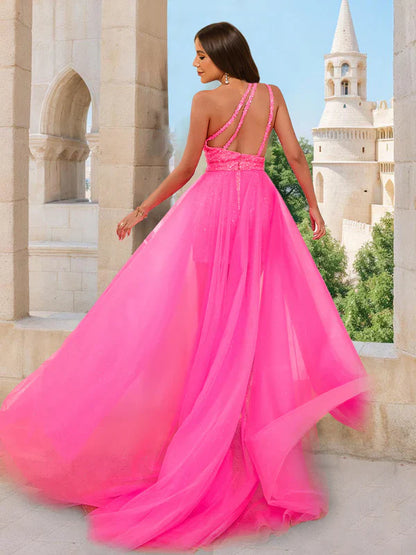 Vibrant Convertible One-Shoulder Sleeveless-Cross-Back Neon Pink Sequin Tulle Prom Dresses