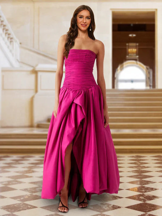 Vibrant High-Low Strapless Sleeveless-Zip-Back Hot Pink Satin Prom Dresses