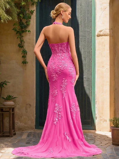 Vibrant Mermaid Halter-Neck Sleeveless-Open-Back Hot Pink Lace Tulle Floor-Length Prom Dresses