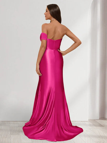Vibrant Mermaid Off-Shoulder Ruched-Slit-Open-Back Hot Pink Satin Floor-Length Prom Dresses