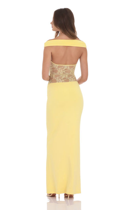 Vibrant Sheath Off-The-Shoulder Sleeveless Open-Back Lemon Lace-Cutout Floor-Length Prom Dresses