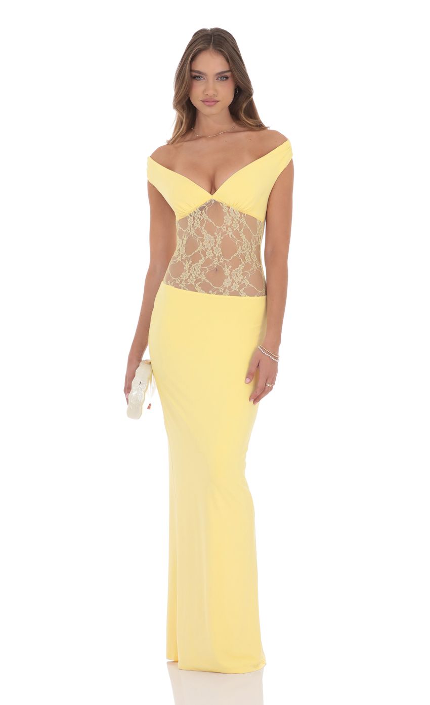 Vibrant Sheath Off-The-Shoulder Sleeveless Open-Back Lemon Lace-Cutout Floor-Length Prom Dresses