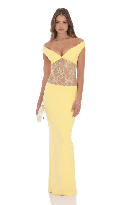 Vibrant Sheath Off-The-Shoulder Sleeveless Open-Back Lemon Lace-Cutout Floor-Length Prom Dresses