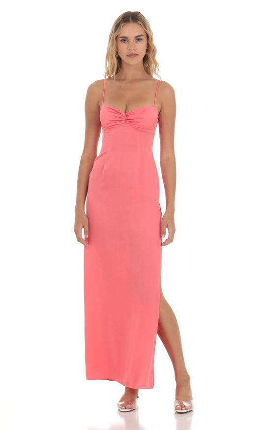 Vibrant Sheath Spaghetti-Strap Ruched-Accent Coral Satin Midi-Length Prom Dresses