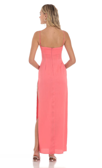Vibrant Sheath Spaghetti-Strap Ruched-Accent Coral Satin Midi-Length Prom Dresses