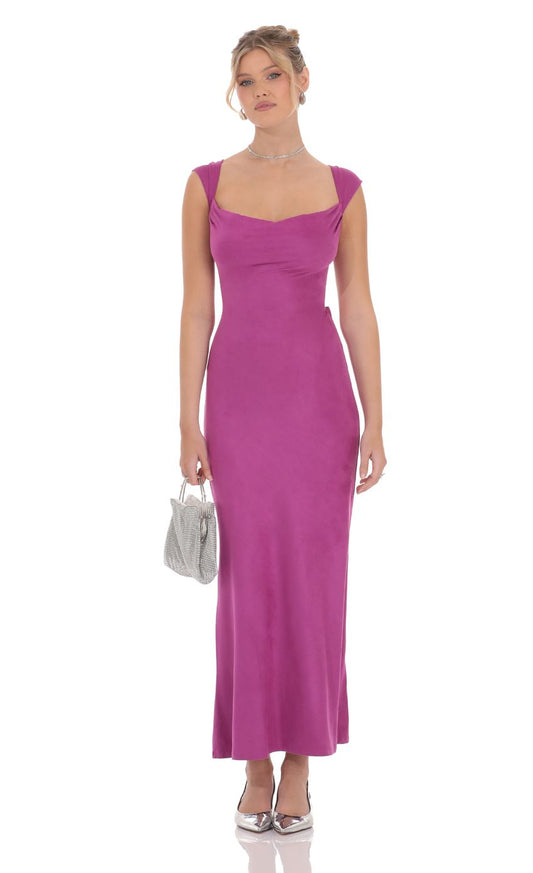 Vibrant Sheath Square-Neck Cut-Out-Tie-Back Magenta Satin Midi-Length Prom Dresses