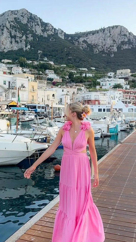 Vibrant A-Line Halter-Neck Sleeveless Floral Cutout Chiffon Hot Pink Floor-Length Evening Dress for Women