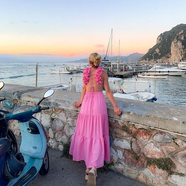 Vibrant A-Line Halter-Neck Sleeveless Floral Cutout Chiffon Hot Pink Floor-Length Evening Dress for Women