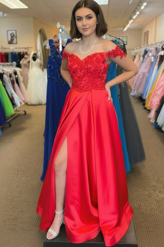 Vibrant A-Line Off-Shoulder Lace Applique Satin Red Floor-Length Prom Dress With Pockets