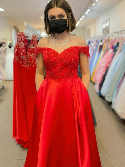 Glamorous A-Line Off-Shoulder Lace Applique Satin Red Floor-Length Prom Dress with Pockets for Women