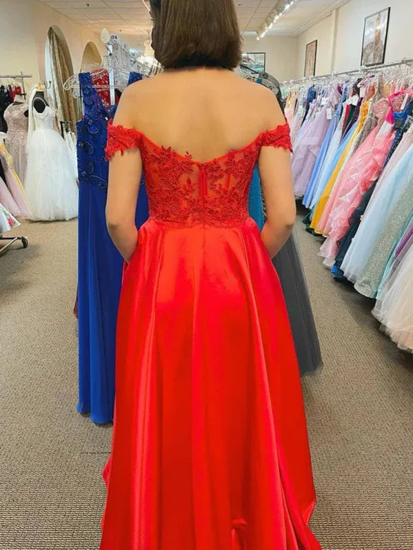 Glamorous A-Line Off-Shoulder Lace Applique Satin Red Floor-Length Prom Dress with Pockets for Women