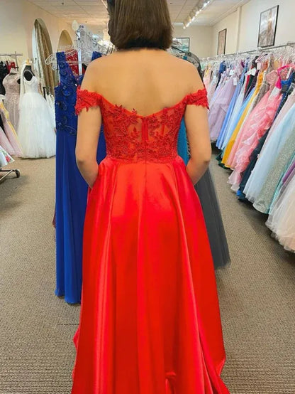 Glamorous A-Line Off-Shoulder Lace Applique Satin Red Floor-Length Prom Dress with Pockets for Women