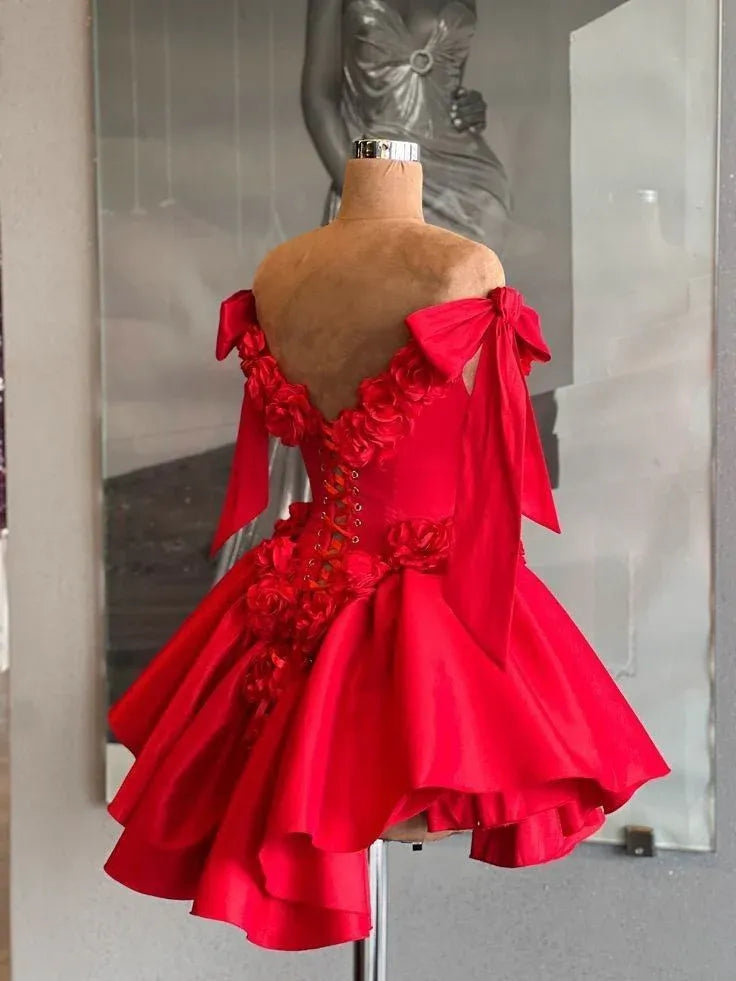 Vibrant A-Line Off-the-Shoulder 3D Flowers Bow Red Short Homecoming Dress