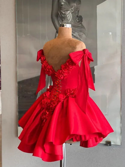 Vibrant A-Line Off-the-Shoulder 3D Flowers Bow Red Short Homecoming Dress