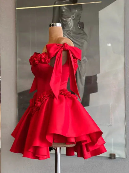 Vibrant A-Line Off-the-Shoulder 3D Flowers Bow Red Short Homecoming Dress