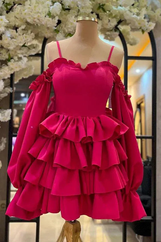 Vibrant A-Line Off-the-Shoulder Tiered Ruffle Hot Pink Mini Homecoming Dress