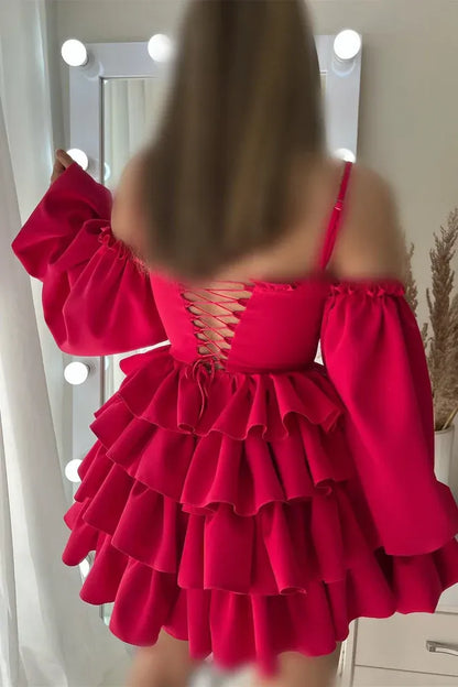 Vibrant A-Line Off-the-Shoulder Tiered Ruffle Hot Pink Mini Homecoming Dress