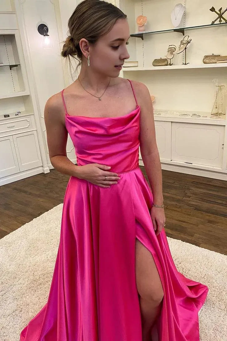 Vibrant A-Line Square Neck Sleeveless Lace-Up Satin Fuchsia Maxi Evening Dress for Women