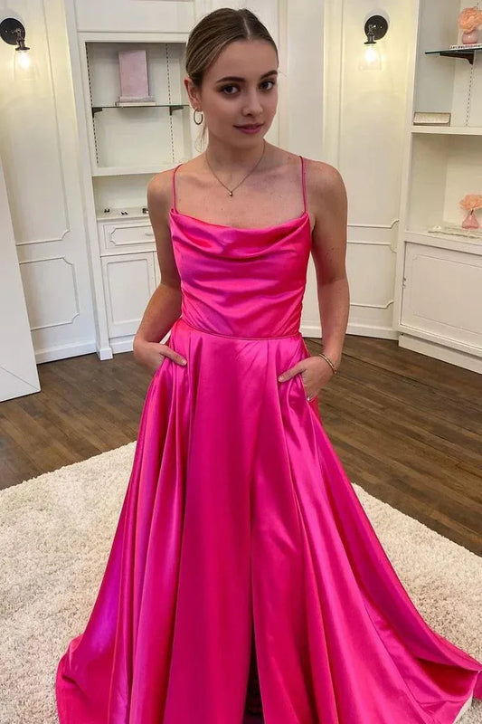 Vibrant A-Line Square Neck Sleeveless Lace-Up Satin Fuchsia Maxi Evening Dress for Women