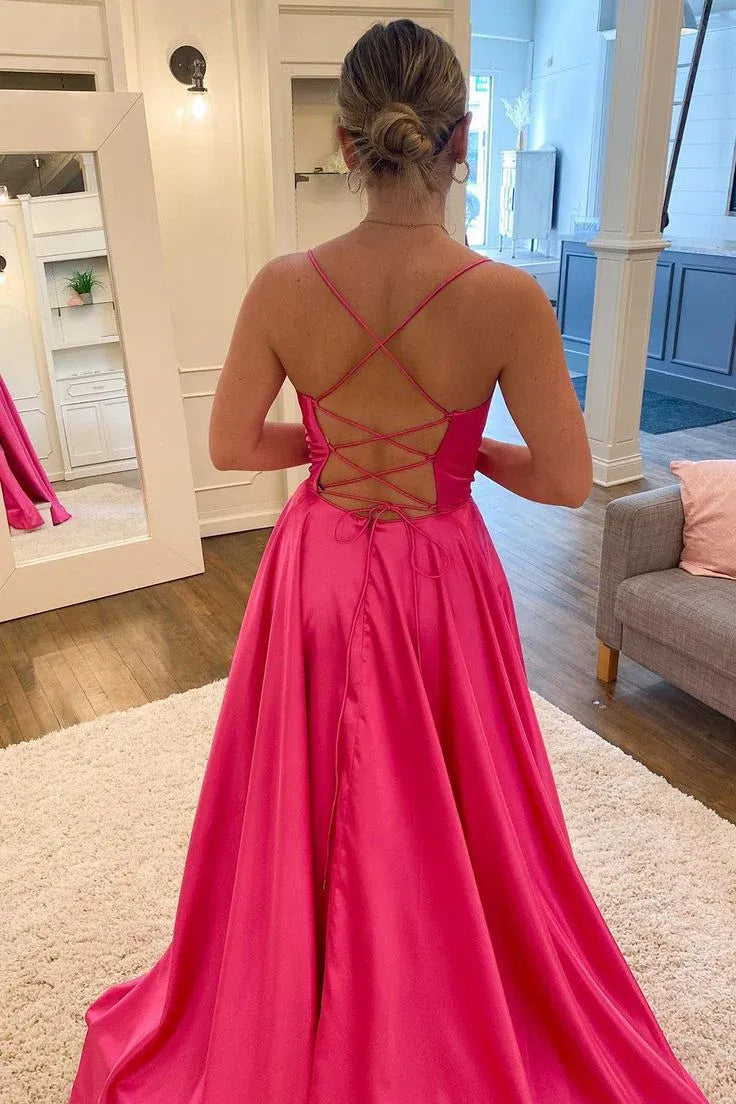 Vibrant A-Line Square Neck Sleeveless Lace-Up Satin Fuchsia Maxi Evening Dress for Women