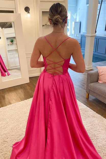 Vibrant A-Line Square Neck Sleeveless Lace-Up Satin Fuchsia Maxi Evening Dress for Women