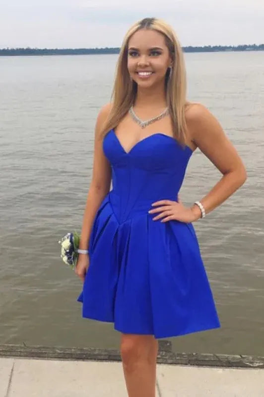Vibrant A-Line Strapless Sweetheart Corset Blue Short Homecoming Dress For Women