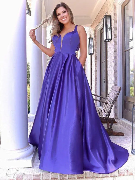 Vibrant A-Line Sweetheart Bow-Back Satin Purple Floor-Length Prom Dress With Pocket