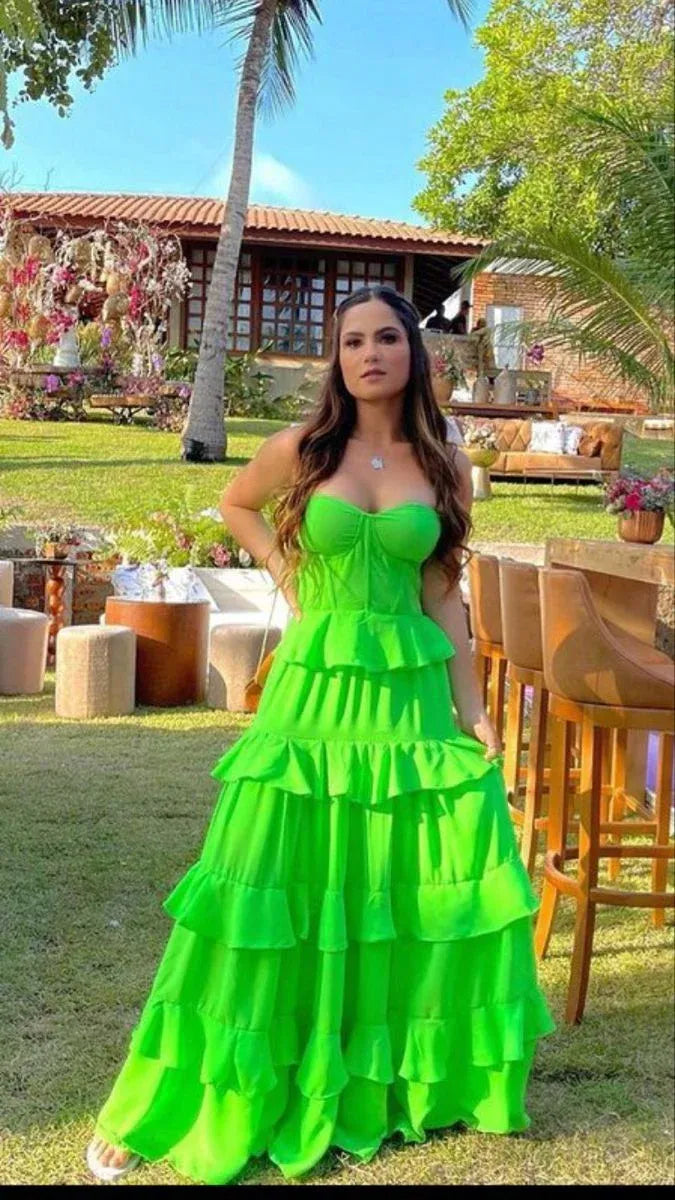 Vibrant A-Line Sweetheart Neck Sleeveless Ruffled Neon Green Maxi Prom Dress for Women Ready to Ship