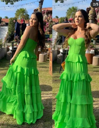 Vibrant A-Line Sweetheart Neck Sleeveless Ruffled Neon Green Maxi Prom Dress for Women Ready to Ship